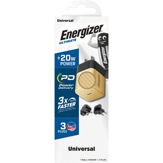 Energizer Ultimate – kelių kištukų EU / JK / JAV GaN 20 W PD tinklo įkroviklis (auksinis)