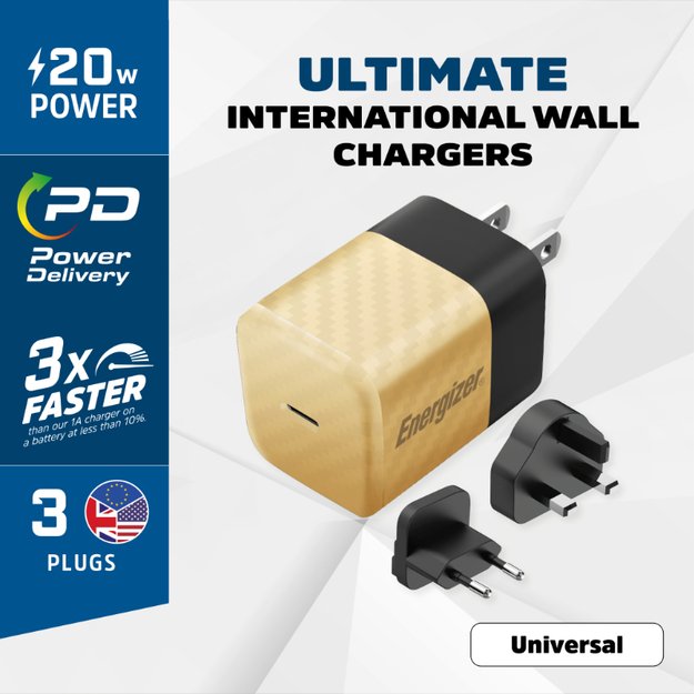 Energizer Ultimate – kelių kištukų EU / JK / JAV GaN 20 W PD tinklo įkroviklis (auksinis)