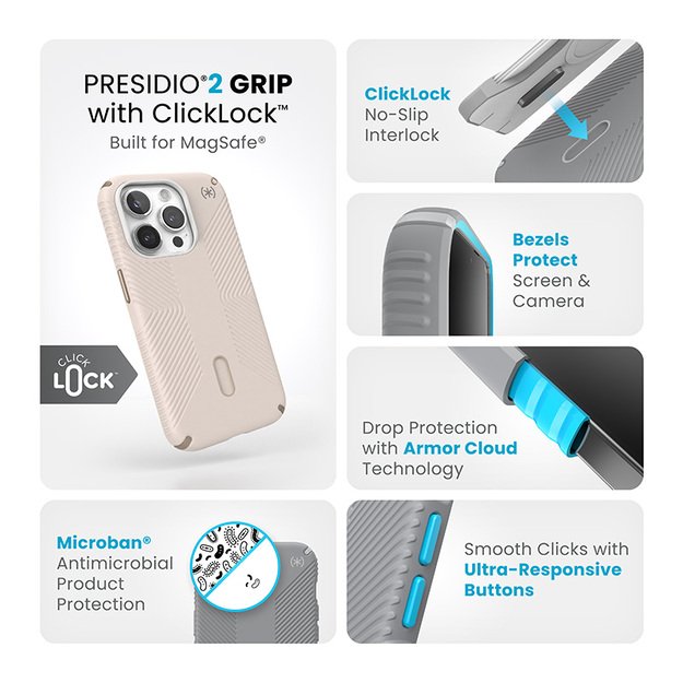 „Speck Presidio2 Grip ClickLock & Magsafe“ – dėklas, skirtas „iPhone 15 Pro“ (balintas kaulas / „Heirloom Gold“ / „Hazel Brown“)