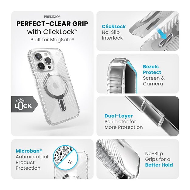 Speck Presidio Perfect-Clear Grip ClickLock & Magsafe – dėklas, skirtas iPhone 15 Pro (skaidrus / chromo apdaila / ramus sidabras) 4