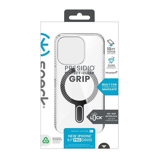 Speck Presidio Perfect-Clear Grip ClickLock & Magsafe – dėklas, skirtas iPhone 15 Pro (skaidrus / chromo apdaila / ramus sidabras) 12