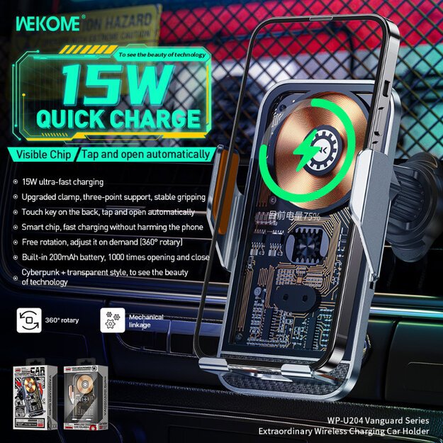 WEKOME WP-U204 Vanguard serija – automobilinis laikiklis su belaidžiu įkrovimu 15W (juodas) 9