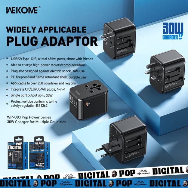 WEKOME WP-U03 Pop skaitmeninė serija – ES / JK / JAV / AU įkroviklis / kelioninis adapteris + 3x USB-C ir 2x USB-A 30W (juodas)