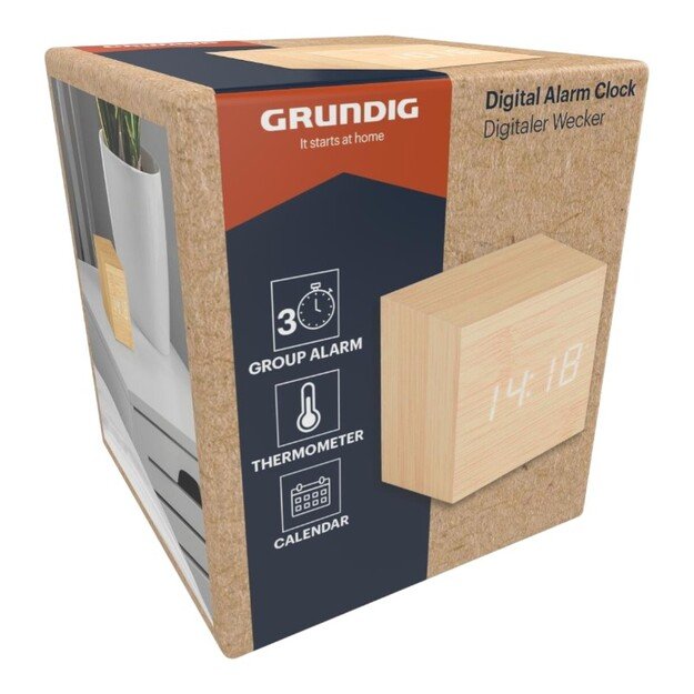 Grundig - Digital LED Alarm Clock with Thermometer and Calendar (Light Brown) 1