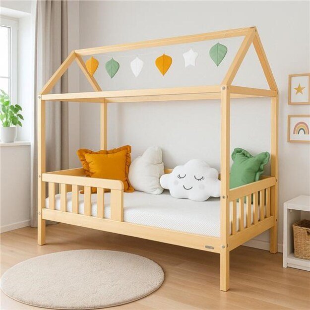 Children s house bed with guardrail and slatted frame New Baby CASTELLO 160x80 cm natural