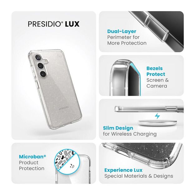 Speck Presidio Lux Glitter – dėklas, skirtas Samsung Galaxy S24 (Clear / Gold Glitter)