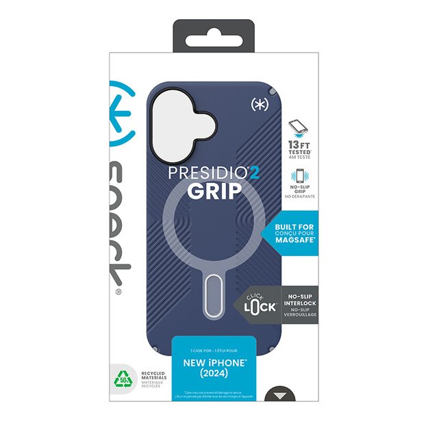Speck Presidio2 Grip ClickLock & MagSafe – dėklas, skirtas iPhone 16 (pakrantės mėlyna / dulkių pilka / balta) 40