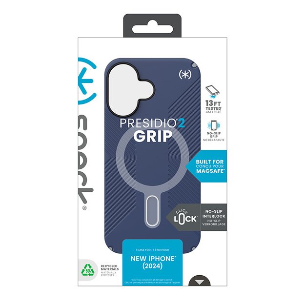 Speck Presidio2 Grip ClickLock & MagSafe – dėklas, skirtas iPhone 16 (pakrantės mėlyna / dulkių pilka / balta)