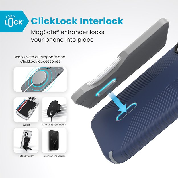 Speck Presidio2 Grip ClickLock & MagSafe – dėklas, skirtas iPhone 16 (pakrantės mėlyna / dulkių pilka / balta)