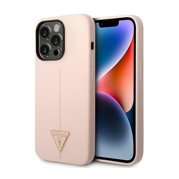 „Guess“ silikoninis trikampis logotipas – „iPhone 14 Pro Max“ dėklas (rožinis)