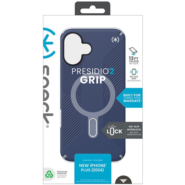 Speck Presidio2 Grip ClickLock & MagSafe – dėklas, skirtas iPhone 16 Plus (pakrantės mėlyna / dulkių pilka / balta)