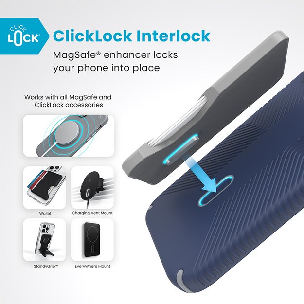 Speck Presidio2 Grip ClickLock & MagSafe – dėklas, skirtas iPhone 16 Plus (pakrantės mėlyna / dulkių pilka / balta)