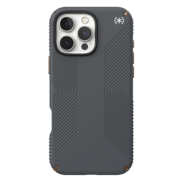 „Speck Presidio2 Grip“ – dėklas, skirtas „iPhone 16 Pro Max“ (anglies pilka / šalta bronzinė / balta)