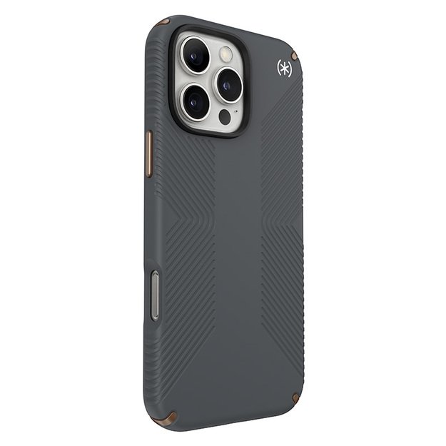 „Speck Presidio2 Grip“ – dėklas, skirtas „iPhone 16 Pro Max“ (anglies pilka / šalta bronzinė / balta)