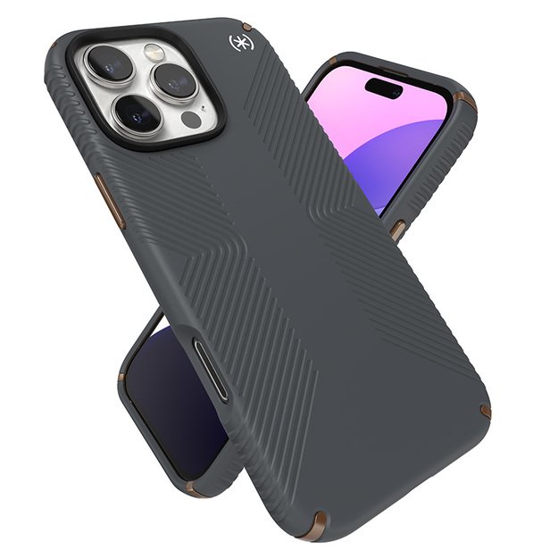 „Speck Presidio2 Grip“ – dėklas, skirtas „iPhone 16 Pro Max“ (anglies pilka / šalta bronzinė / balta)