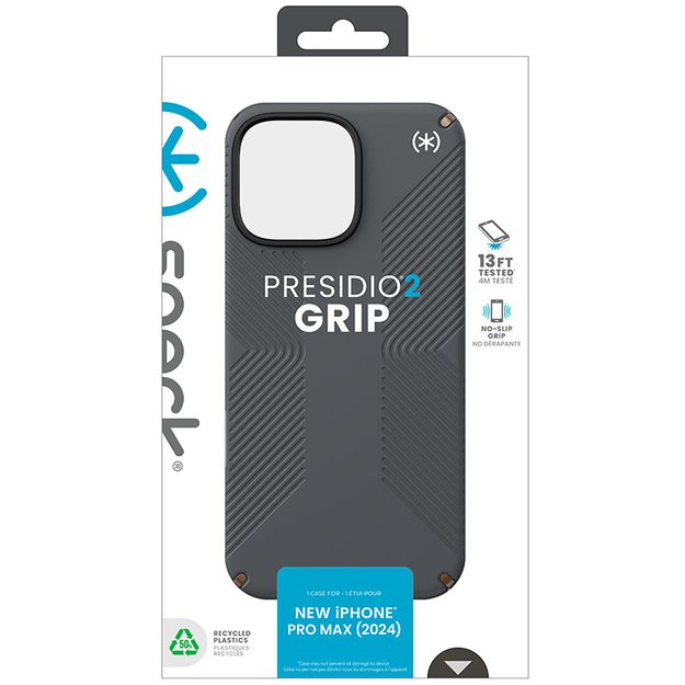 „Speck Presidio2 Grip“ – dėklas, skirtas „iPhone 16 Pro Max“ (anglies pilka / šalta bronzinė / balta)