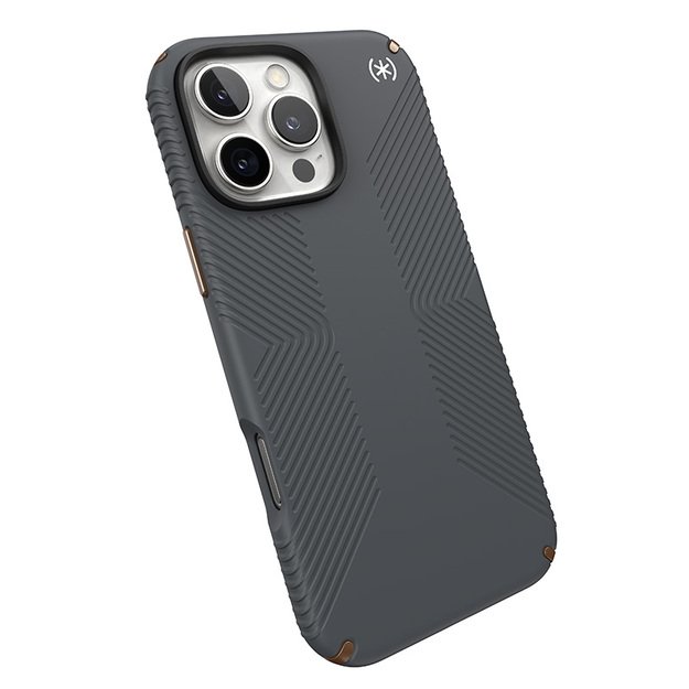 „Speck Presidio2 Grip“ – dėklas, skirtas „iPhone 16 Pro Max“ (anglies pilka / šalta bronzinė / balta)