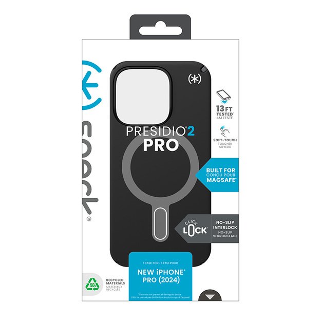 Speck Presidio2 Pro ClickLock & MagSafe – dėklas, skirtas iPhone 16 Pro (juodas / šiferio pilkas / baltas)