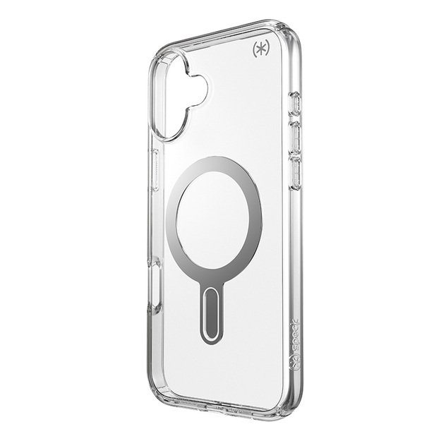 Speck Presidio Perfect-Clear ClickLock & MagSafe – dėklas, skirtas iPhone 16 Plus (skaidrus / chromo apdaila / ramus sidabras)