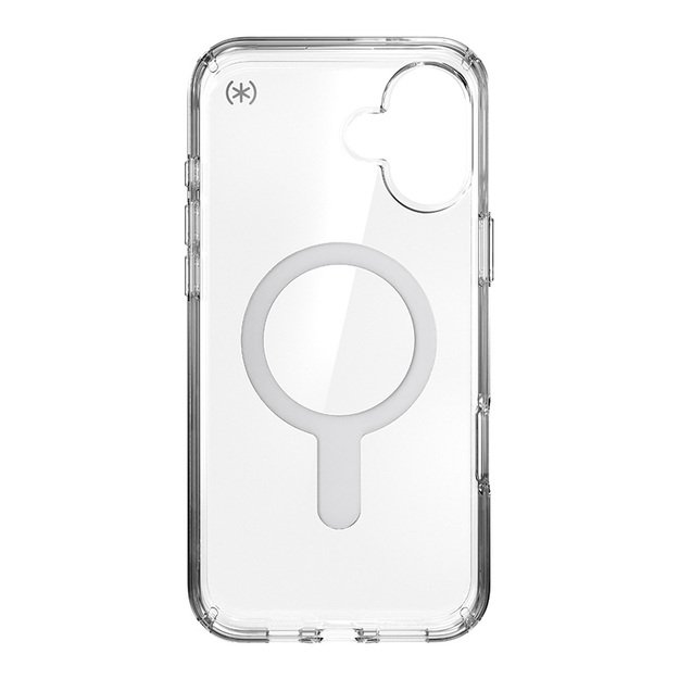 Speck Presidio Perfect-Clear ClickLock & MagSafe – dėklas, skirtas iPhone 16 Plus (skaidrus / chromo apdaila / ramus sidabras)