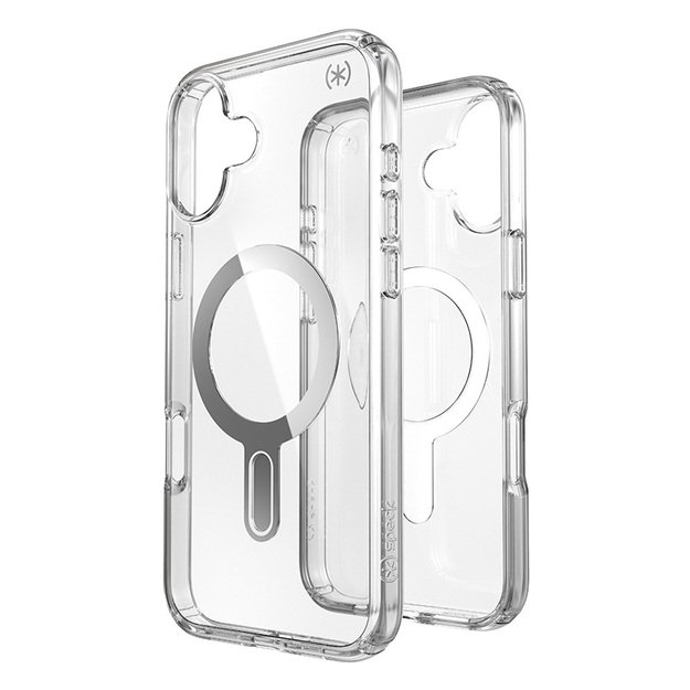 Speck Presidio Perfect-Clear ClickLock & MagSafe – dėklas, skirtas iPhone 16 Plus (skaidrus / chromo apdaila / ramus sidabras)