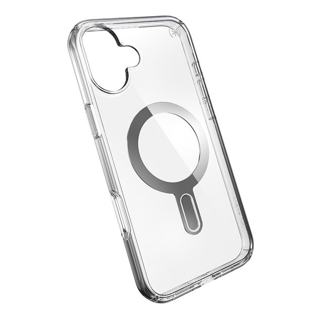 Speck Presidio Perfect-Clear ClickLock & MagSafe – dėklas, skirtas iPhone 16 Plus (skaidrus / chromo apdaila / ramus sidabras)