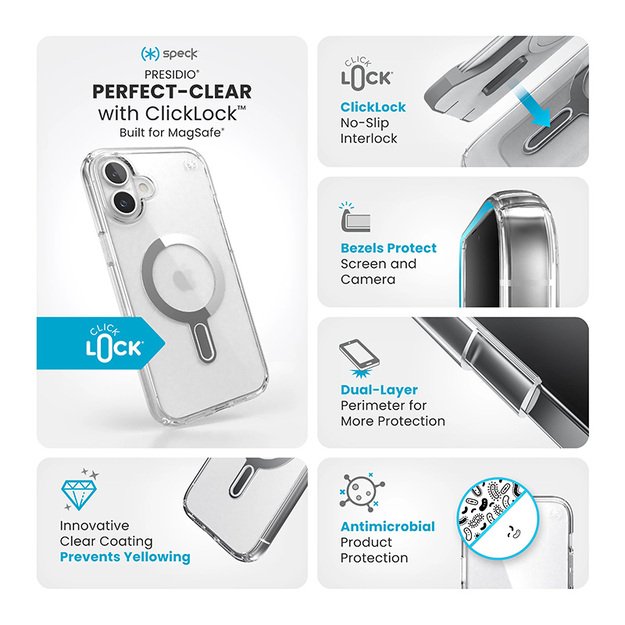 Speck Presidio Perfect-Clear ClickLock & MagSafe – dėklas, skirtas iPhone 16 Plus (skaidrus / chromo apdaila / ramus sidabras)