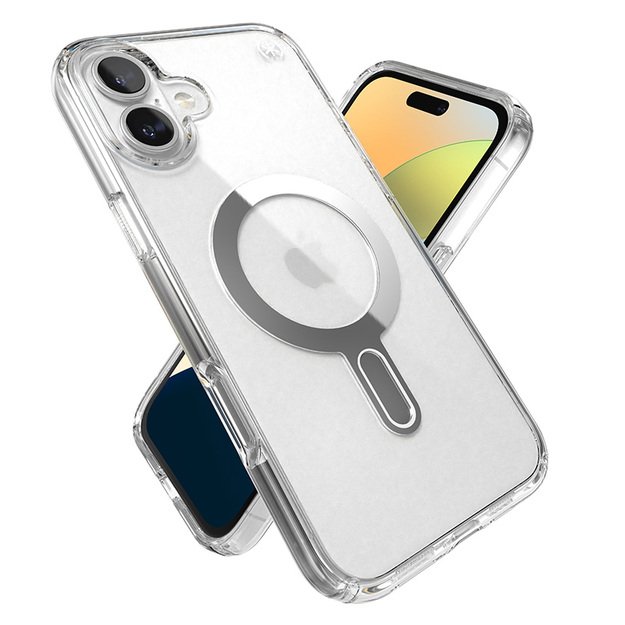 Speck Presidio Perfect-Clear ClickLock & MagSafe – dėklas, skirtas iPhone 16 Plus (skaidrus / chromo apdaila / ramus sidabras)