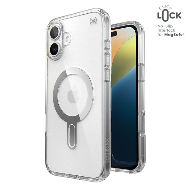 Speck Presidio Perfect-Clear ClickLock & MagSafe – dėklas, skirtas iPhone 16 Plus (skaidrus / chromo apdaila / ramus sidabras)