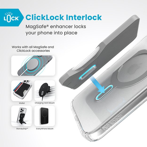 Speck Presidio Perfect-Clear ClickLock & MagSafe – dėklas, skirtas iPhone 16 Plus (skaidrus / chromo apdaila / ramus sidabras)