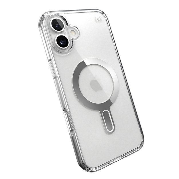 Speck Presidio Perfect-Clear ClickLock & MagSafe – dėklas, skirtas iPhone 16 Plus (skaidrus / chromo apdaila / ramus sidabras)