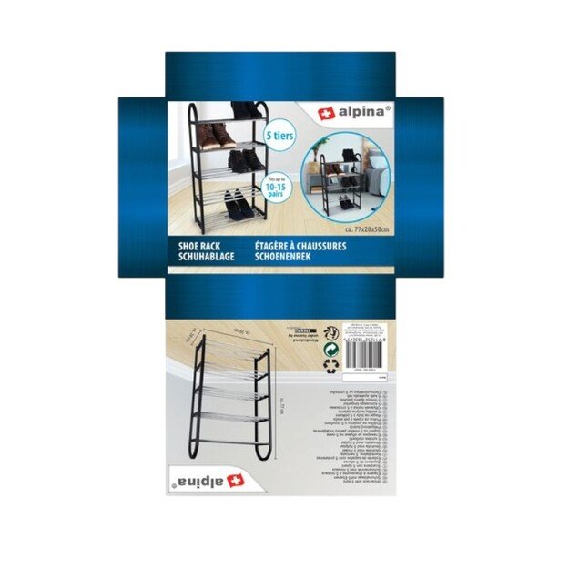 Alpina - Batų lentyna / Stovas / Laikiklis, 5 pakopų, 50x20x77 cm (Sidabrinė / Juoda) 6