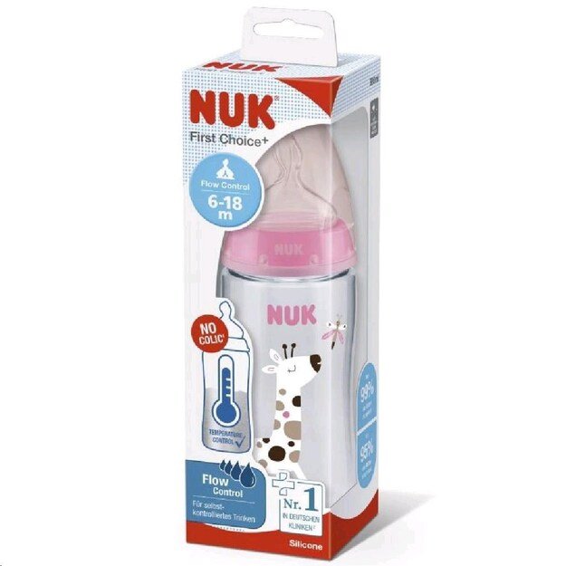 NUK FC+Temperature Control Baby Bottle 300 ml BOX-Flow Control žindukas rožinis