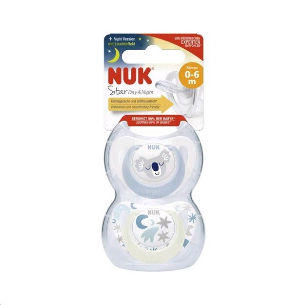 NUK Star Day and Night čiulptukas 0-6 m 2vnt/BOX berniukas, dydis 0-6 m, 0-6 m