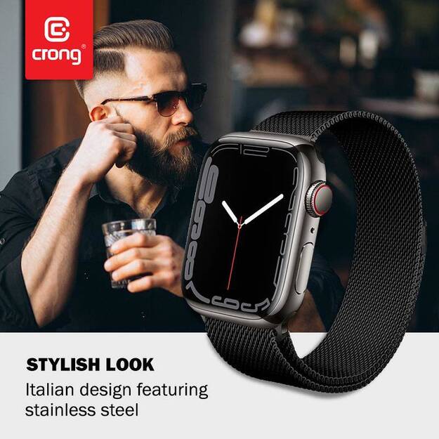 Crong Milano Steel – nerūdijančio plieno dirželis, skirtas Apple Watch 44/45/46/49 mm (juodas)