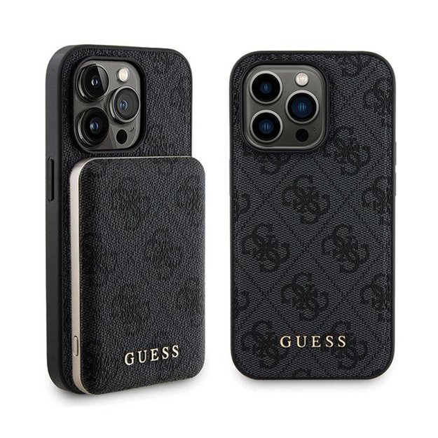 Guess Bundle Pack MagSafe 4G metalinis auksinis logotipas – dėklo rinkinys + Power Bank 5000mAh MagSafe iPhone 14 Pro (juodas)