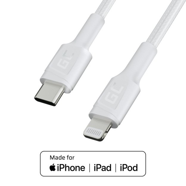 Green Cell PowerStream – USB-C – Lightning laidas 100 cm Maitinimo laidas Apple MFi sertifikuotas (baltas)