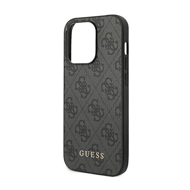 Guess 4G metalinis auksinis logotipo dėklas iPhone 14 Pro Max (pilkas)