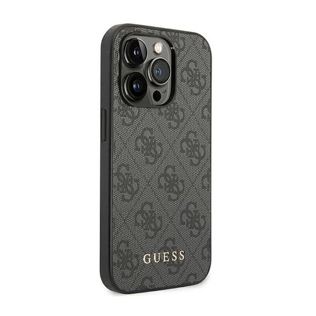 Guess 4G metalinis auksinis logotipo dėklas iPhone 14 Pro Max (pilkas)