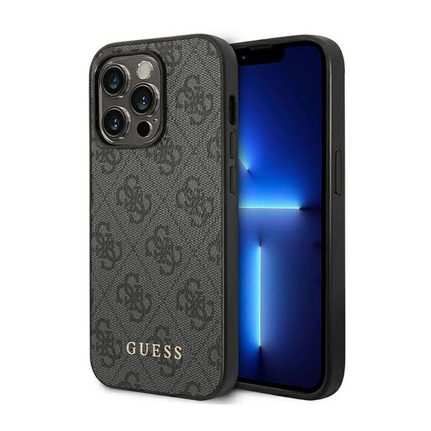 Guess 4G metalinis auksinis logotipo dėklas iPhone 14 Pro Max (pilkas)