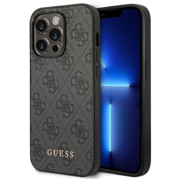 Guess 4G metalinis auksinis logotipo dėklas iPhone 14 Pro Max (pilkas) 4