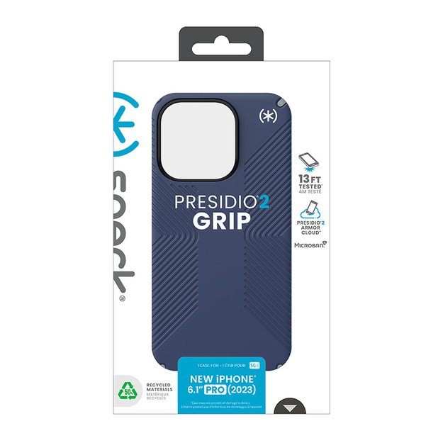 „Speck Presidio2 Grip“ – dėklas, skirtas „iPhone 15 Pro“ (pakrantės mėlyna / dulkių pilka / balta) 14