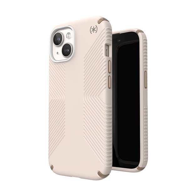 „Speck Presidio2 Grip“ – dėklas, skirtas „iPhone 16e“ / „iPhone 15“ / „iPhone 14“ / „iPhone 13“ (balintas kaulas / „Heirloom Gold“ / „Hazel Brown“)