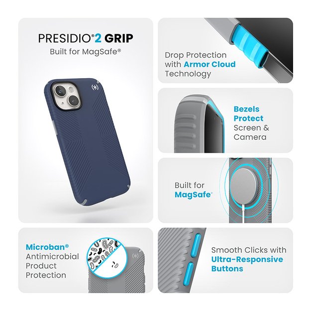 Speck Presidio2 Grip Magsafe – dėklas, skirtas iPhone 16e / iPhone 15 / iPhone 14 / iPhone 13 (pakrančių mėlyna / dulkių pilka / balta)