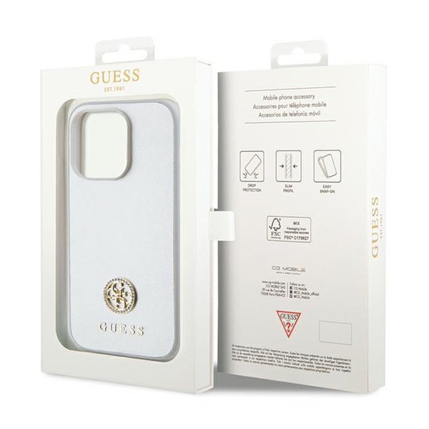 Guess 4G Strass Metal Logo – dėklas, skirtas iPhone 15 Pro Max (sidabras)