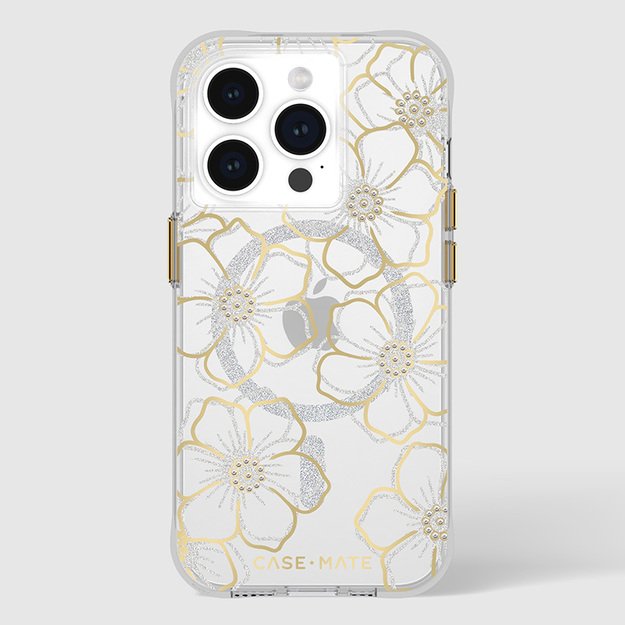 „Case-Mate Floral Gems MagSafe“ dėklas – „iPhone 15 Pro“ (auksinis)