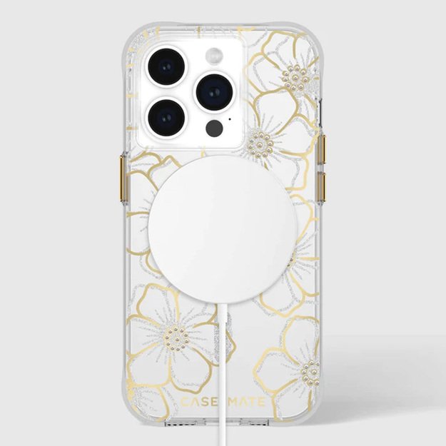 „Case-Mate Floral Gems MagSafe“ dėklas – „iPhone 15 Pro“ (auksinis)