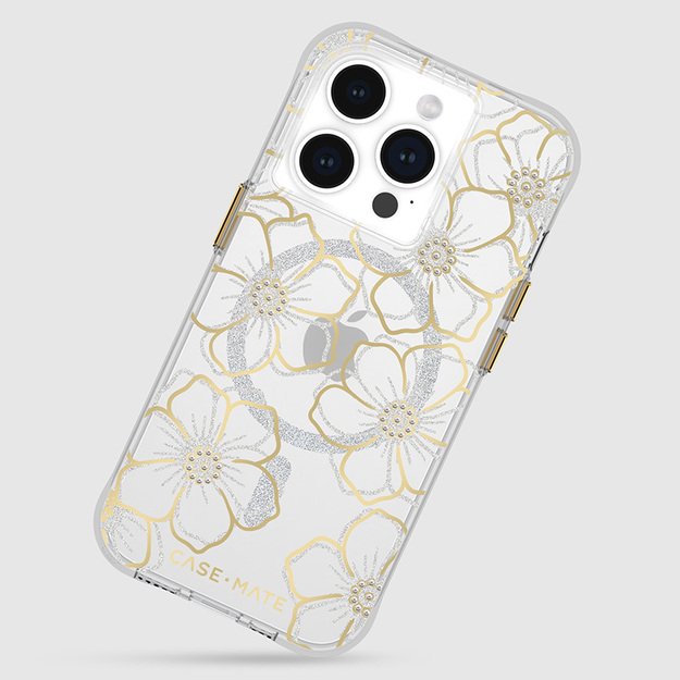 „Case-Mate Floral Gems MagSafe“ dėklas – „iPhone 15 Pro“ (auksinis)