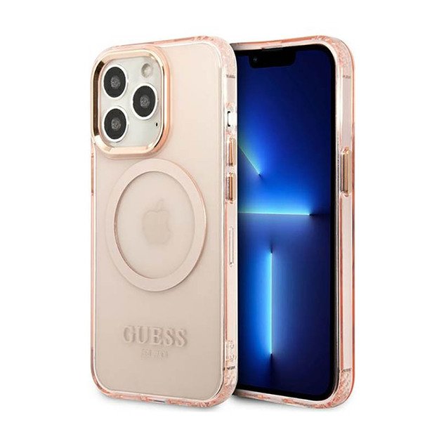 „Guess“ auksinio kontūro permatomas „MagSafe“ dėklas, skirtas „iPhone 13 Pro“ (rožinis)