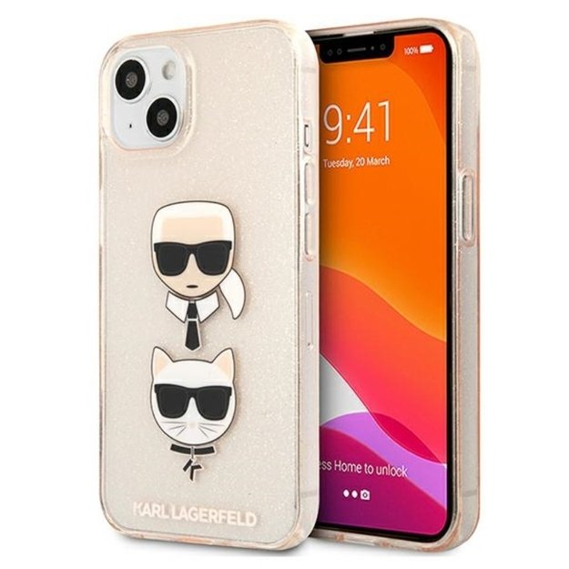 Karl Lagerfeld blizgučiais puoštas Karl & Choupette dėklas iPhone 13 mini (auksinis)